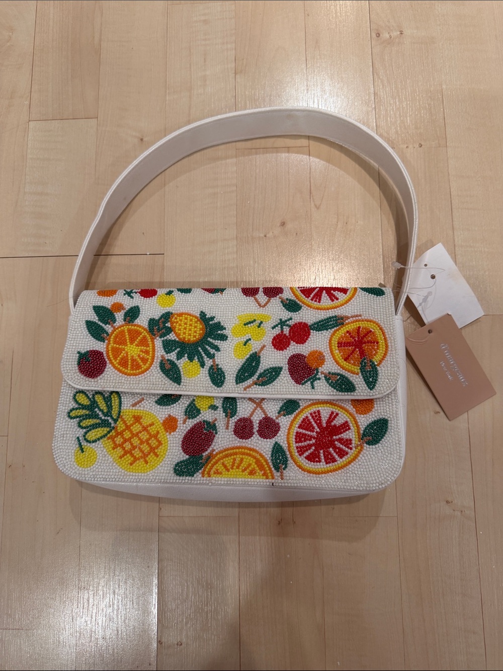 White Beaded Shoulder Bag with Colorful Fruit